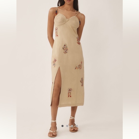 FARM Rio x Anthropologie Tan Embroidered Linen Blend Midi Dress NEW small - Picture 1 of 15